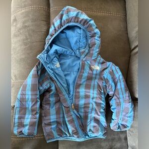 The North Face Blue and Brown Plaid Kids Hooded Puffer Jacket